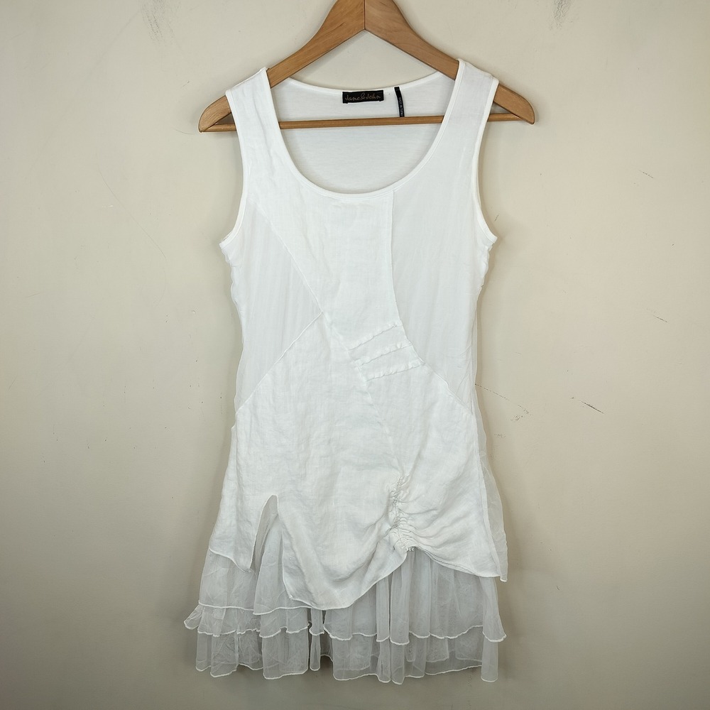 Jane & John Tunic Mini Dress Small Womens White Linen Layered Mesh Lagenlook